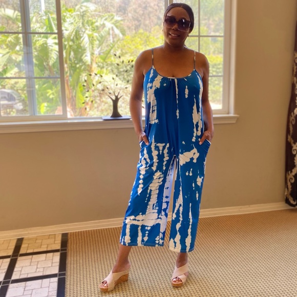 Overalls Jumpsuit Romper Oversized Tie Dye Boho Jumpsuit Bright Blue/White - Picture 11 of 17